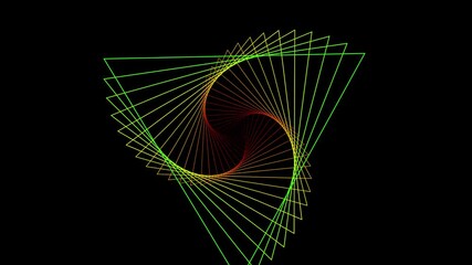 Poster - Abstract animation of graphic elements in different rainbow colors on a black background - movement of triangles in rotation moving out from the center of the screen