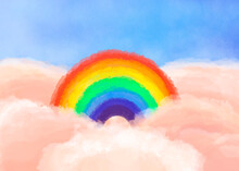 Colorful Illustration Of Children's Wallpaper. Rainbow In Pink Clouds. Fabulous Picture.