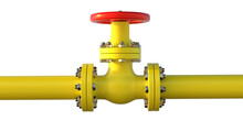 Industrial Pipeline Yellow Color And Red Valve Wheel Isolated Against White Background. 3d Illustration