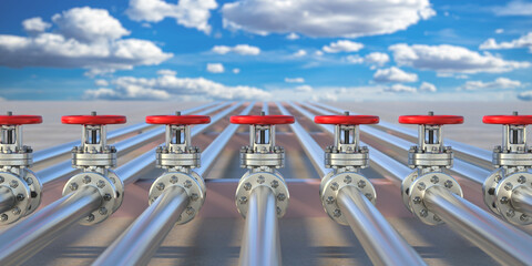 Wall Mural - Industrial pipelines and valves on blue sky background, banner. 3d illustration.