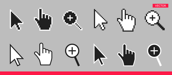 Leinwandbilder - Black and white arrow, hand and magnifier mouse cursor icons vector illustration set flat style design isolated on gray background.