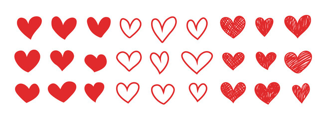 Vector set of hearts silhouettes and contours, isolated on white background. Symbol of love. Hand drawn, cartoon style.