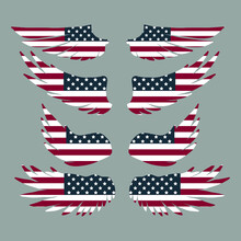 Collection Of  Wings In Blue, Red And White Colors. Independence Day Of U.S.A. Vector Illustration.