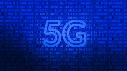 Wall Mural - 5G Global network high speed innovation connection data tech. Glowing 5G on dark blue color background.