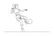 Continuous line drawing of football player kicking ball. Single one line art of young woman soccer player dribbling and juggling ball. Vector illustration