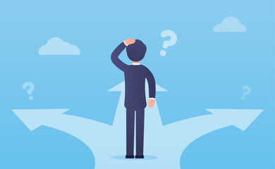Vector business illustration. Vector concept of choosing a strategy and path. A businessman in a suit stands at a loss before a choice. Freelance, Career and Competition. Decision making.
