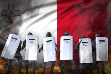 Malta protest stopping concept, police squad in heavy smoke and fire protecting order against disorder - military 3D Illustration on flag background