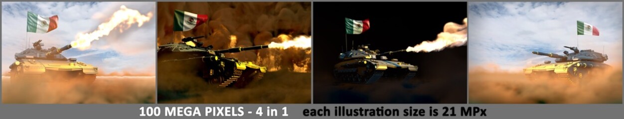 Mexico army concept - 4 highly detailed illustrations of heavy tank with fictive design with Mexico flag, military 3D Illustration