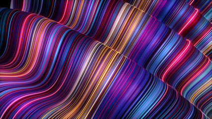 3d render, abstract wavy background with ultra violet neon rays and glowing colorful lines