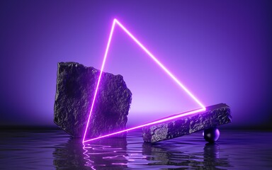 3d render, abstract futuristic background with glowing neon triangle, black stones rocks cobble and reflection in the water. Blank showcase scene for product presentation