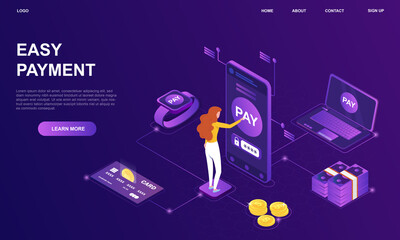 Poster - young female character using modern easy payment method. concept of easy and convenient way to pay o