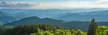 Blue Ridge Parkway Summer Landscape. Beautiful Mountain Panorama With Green Mountains And Layers Of  Hills. Near Asheville, North Carolina. Image For Web Header Or Banner.