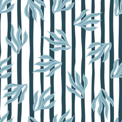 Random bright seamless pattern with blue vintage leaves silhouettes. Striped white and navy blue background.