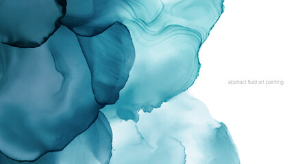 Aufkleber - Abstract liquid fluid art painting background alcohol ink technique in teal blue green cool tone colors on white text space for banner, background.