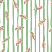 Scrapbook Creative Seamless Pattern With Pink Leaf Silhouettes Abstract Print. White Striped Background.