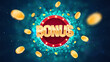 Extra bonus gold text on retro red board vector banner. Win prize congratulations illustration for casino or online games. Explosion coins on dark blue background with blur motion effect
