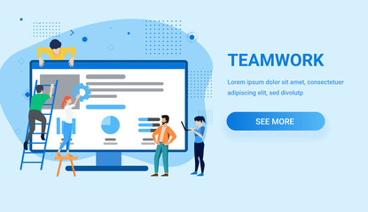 Teamwork concept. People decorating giant computer display