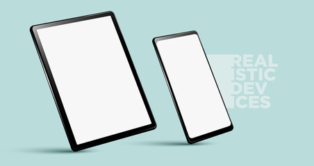 realistic horizontal black tablet pc pad computers and smartphone mockups vector eps.