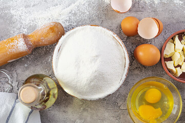 Flour and ingredients for making dough. Ingredients for baking pizza, bread, bakery