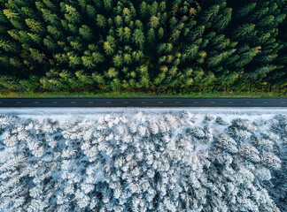 Wall Mural - Aerial view of a highway road through the forest in summer and winter.