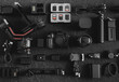 © ekkaphan - top view of work space photographer with digital camera, Gimbal Stabilizers and camera accessory