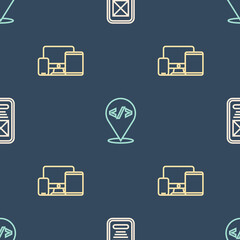 Set line UI or UX design, Monitor, mobile, tablet and Front end development on seamless pattern. Vector.