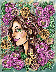 Beautiful woman floral portrait with peonies and roses