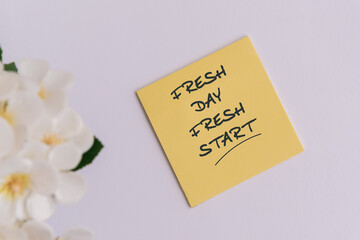 Wall Mural - Inspiration quotes - Fresh day, fresh start text on adhesive notes