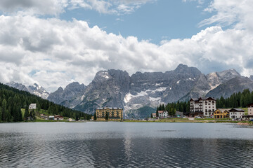 The famous and beautiful lake misurina in the Italian Alps with mountains in the background