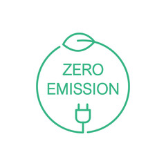 Zero emission sign, icon, symbol or logo. Green leaf and a electric plug in a circle. Clean energy concept. CO2 neutral power. Renewable eco energy sources. Vector illustration, thin line, clip art. 