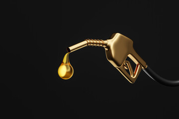 Golden gasoline injector fueling oil or pure fuel on black background. 3D rendering.