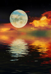 Wall Mural - 3d render landscape with moon and sea night starry sky sunset clouds orange