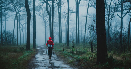 young woman traveler walking in t he tropical forest, nature scene outdoor in the concept of freedom