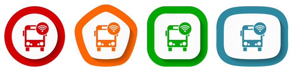 Aufkleber - Bus with wifi vector icon set, flat design buttons on white background for webdesign and mobile phone apps