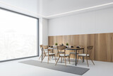 Fototapeta Panele - White and wooden dining room with chairs and table near window