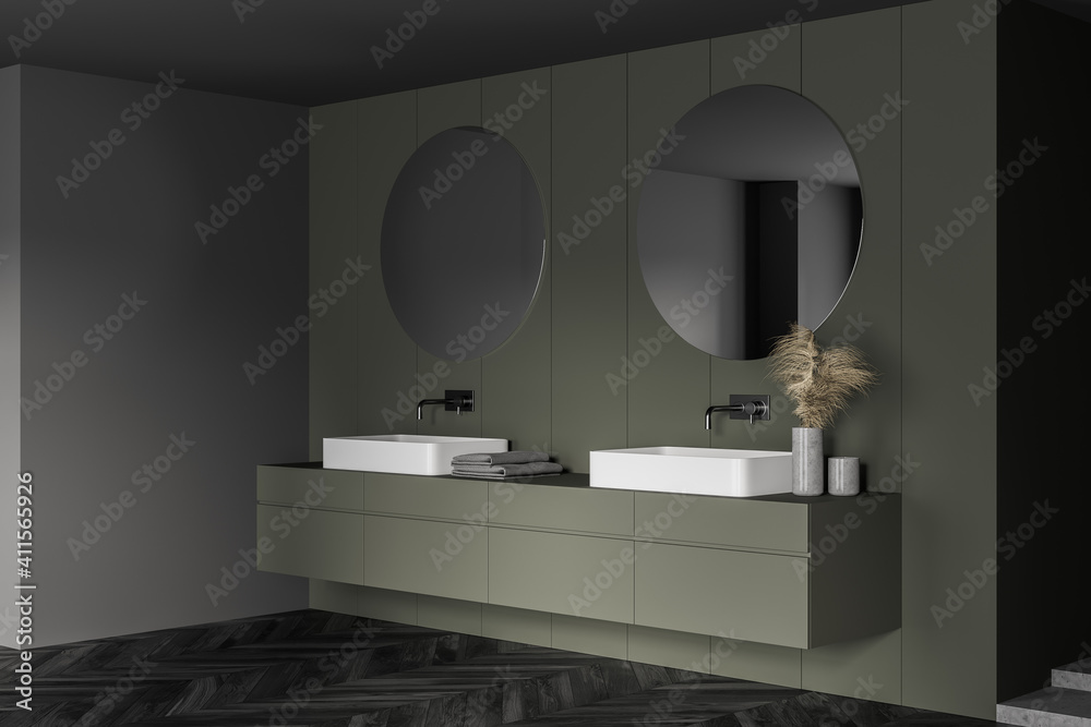 Grey and green bathroom with two sinks and mirrors, parquet floor - obrazy, fototapety, plakaty 