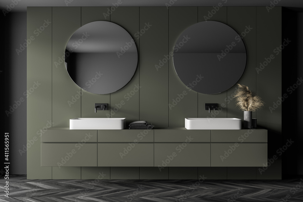 Grey and green bathroom with two sinks and mirrors, parquet floor - obrazy, fototapety, plakaty 