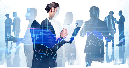 Poster - Businessman using his planner checking the agenda of upcoming meetings about stock market business. Financial services concept. double exposure. Forex Chart