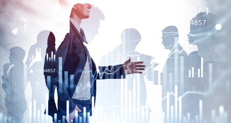 Wall Mural - Businessman silhouette in formal suit holds out his hand for a handshake. Financial graphs and stock rates. colleagues are on background. Double exposure.