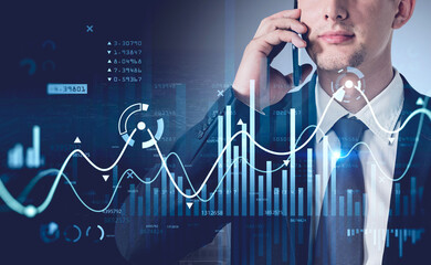 Poster - Young sale person at investment bank is contracting with a clien