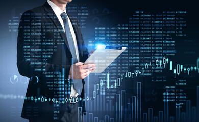 Poster - Businessman trader in suit using tablet with business report hol