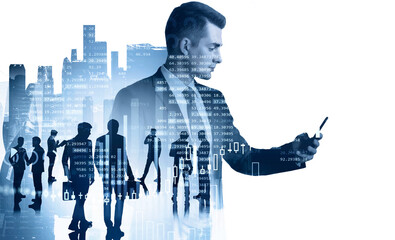 Poster - Businessman in formal suit checking stock market rates in smartp