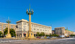 Panoramic view of  Plac Konstytucji Constitution square with communist architecture of MDM quarter in Srodmiescie downtown district of Warsaw, Poland