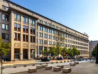 Historic Mysia 2 communist office building at Mysia street in Srodmiescie downtown district of Warsaw, Poland