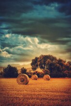 Hay Bales On Agricultural Field Against Cloudy Sky During Sunset