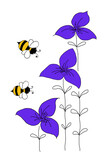 Fototapeta Motyle - Bee and blue flower. Cartoon drawing of a yellow bee and flowers on a white background. T-shirt printing, wall painting. Print for kindergarten, school, room, kitchen.  