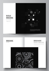 Poster - Vector layout of two A4 cover mockups templates for bifold brochure, flyer, cover design, book design. Abstract technology black color science background. Digital data. Minimalist high tech concept.