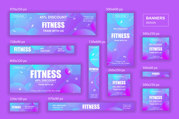 Aufkleber - Collection web banners different sizes for mobile and social networks, poster, shopping ads, marketing material. Bundle banners for product promotion, fitness club, GYM, energetic fit training.