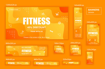 Aufkleber - Collection web banners different sizes for mobile and social networks, poster, shopping ads, marketing material. Bundle banners for product promotion, fitness club, GYM, energetic fit training.