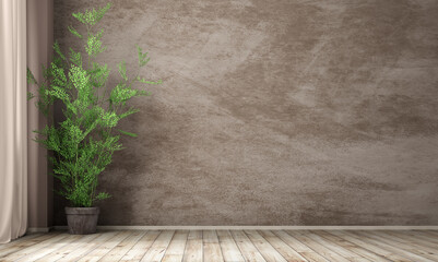 Interior background of room with stucco wall and pot with plant 3d rendering